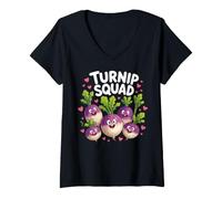 Women's Cute Happy Turnip Root Vegetable Design Hearts V-Neck T-Shirt