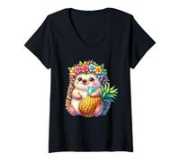 Women's Cute Hedgehog Pineapple Tropical Summer Vibes V-Neck T-Shirt