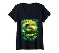 Women's Cute Hedgehog Shamrocks Forest St Patricks Day Forestcore V-Neck T-Shirt