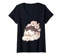 Womens Cute Hedgehog Sleeping Cherry Blooms Design V-Neck T-Shirt