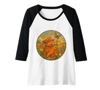 Womens Cute Highland Cow Chasing A Butterfly Raglan Baseball Tee