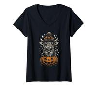 Womens Cute Highland Cow Halloween Pumpkin Folk Art Rustic Scottish V-Neck T-Shirt