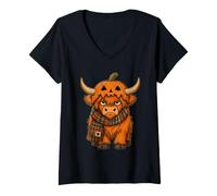 Women's Cute Highland Cow Halloween Pumpkin Scarf V-Neck T-Shirt