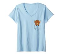 Womens Cute Highland Cow Pocket Pal Funny Baby Highland Cow Farm V-Neck T-Shirt