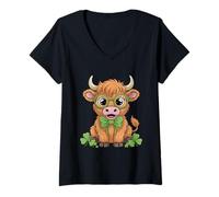 Women's Cute Highland Cow St Patricks Day Lucky Shamrock Glasses V-Neck T-Shirt