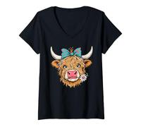 Women's Cute Highland Cow with Bow Daisy Floral V-Neck T-Shirt