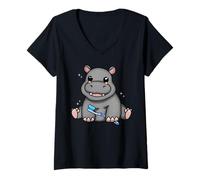 Women's Cute Hippopotamus with Toothbrush Dentist Dental V-Neck T-Shirt