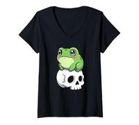 Women's Cute Horror Kawaii Frog Amphibian Sitting on Skull V-Neck T-Shirt