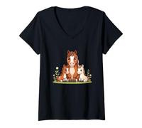 Women's Cute Horse Family with Foals Illustration V-Neck T-Shirt