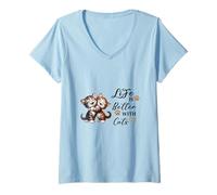 Women's Cute Hugging Kittens Life is Better with Cats Feline Lover V-Neck T-Shirt
