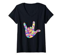 Women's Cute I Love You Hand Sign Language ASL Hippie Aesthetic V-Neck T-Shirt