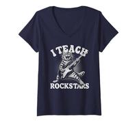Womens Cute I Teach Rock Stars Cat Teacher Music Team Band Teaching V-Neck T-Shirt