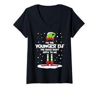 Womens Cute I'm The Youngest Elf Rules Don't Apply to Me Funny Xmas V-Neck T-Shirt