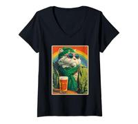 Women's Cute Irish Cat with Sunglasses Drinking Beer St Patricks Day V-Neck T-Shirt