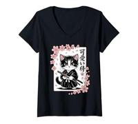Womens Cute Japanese Sakura - Classic Cute Kawaii Baby Samurai Cat V-Neck T-Shirt