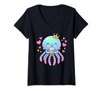 Women's Cute Jellyfish Drinking Bubble Tea Kawaii Queen Anime Crown V-Neck T-Shirt