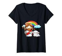 Women's Cute Jesus Christ Shepherd Lamb Rainbow Kid Christianity V-Neck T-Shirt