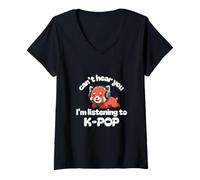 Womens Cute K-Pop Korean Popular Music K-Drama Red Panda Chilling V-Neck T-Shirt