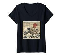 Women's Cute Kaiju Sloth in Great Japanese Wave Sun V-Neck T-Shirt