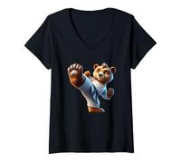 Womens Cute Karate Bear Kicking Fun V-Neck T-Shirt