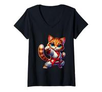 Womens Cute Karate Cat Martial Arts Champion V-Neck T-Shirt