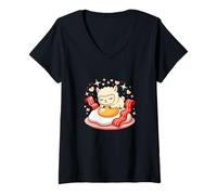 Womens Cute Kawaii Alpaca On Bacon and Fried Egg V-Neck T-Shirt