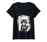 Womens Cute Kawaii Baby Samurai Cat - Cute Japanese Sakura V-Neck T-Shirt