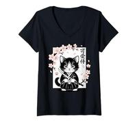 Womens Cute Kawaii Baby Samurai Cat - Japanese Cherry Blossom V-Neck T-Shirt