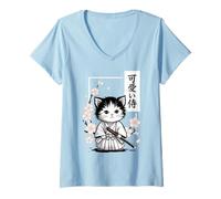 Womens Cute Kawaii Baby Samurai Cat - Japanese Sakura V-Neck T-Shirt