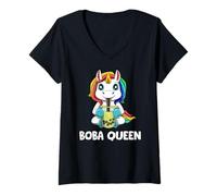 Women's Cute Kawaii Boba Bubble Tea Unicorn Boba Queen V-Neck T-Shirt