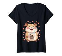 Womens Cute Kawaii Capybara Boba Drinking Boba Kawaii Bubble Tea V-Neck T-Shirt