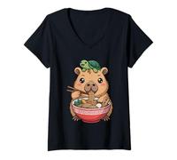 Women's Cute Kawaii Capybara Eating Noodles with Turtle on Head V-Neck T-Shirt
