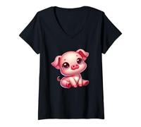 Womens Cute Kawaii Cartoon Piglet Sitting V-Neck T-Shirt