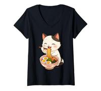 Womens Cute Kawaii Cat Eating Ramen Funny Noodles Japan Anime V-Neck T-Shirt