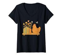 Womens Cute Kawaii Chicken Books Flowers V-Neck T-Shirt