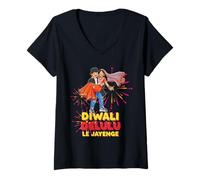 Womens Cute Kawaii Diwali Delulu Chibi Indian Couple 90s Bollywood V-Neck T-Shirt