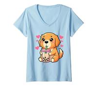 Womens Cute Kawaii Dog Boba Bubble Tea Cartoon V-Neck T-Shirt