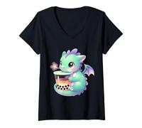 Women's Cute Kawaii Dragon Drinking Bubble Tea Boba Lover V-Neck T-Shirt
