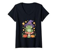 Womens Cute Kawaii Halloween Frog with Magic Hat V-Neck T-Shirt