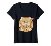 Womens Cute Kawaii Manul Pallas´s Cat Drinks Bubble Tea V-Neck T-Shirt