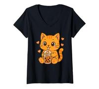 Womens Cute Kawaii Orange Tabby Cat Drinks Bubble Tea V-Neck T-Shirt