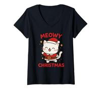 Womens Cute Kawaii Santa Cat Meowy Christmas Holiday Cat Lovers V-Neck T-Shirt