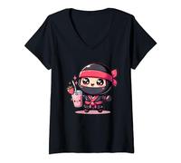 Womens Cute Kawaii Style Ninja Drinking Strawberry Milk V-Neck T-Shirt