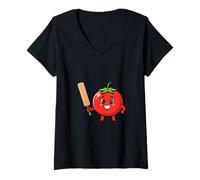 Women's Cute Kawaii Tomato Playing Cricket Cartoon V-Neck T-Shirt