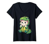 Women's Cute Kitten Dinosaur Costume Funny Monster Kawaii T-rex Dino V-Neck T-Shirt