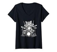 Women's Cute Kitten Playing Drums Rock Music Band V-Neck T-Shirt