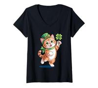 Women's Cute Kitten St Patricks Day Four Leaf Clover Orange Cat V-Neck T-Shirt