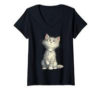Women's Cute Kitten with Bow Whimsical Cartoon Illustration V-Neck T-Shirt