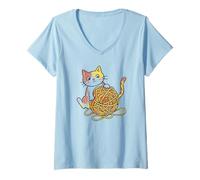 Women's Cute Kitten with Wool Ball Kawaii Pet Motif V-Neck T-Shirt