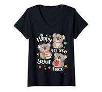Women's Cute Koala Students Back to School Happy to See Your Face V-Neck T-Shirt